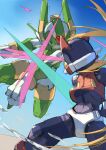  2boys armor attack black_eyes blonde_hair blue_sky clear_sky commentary_request dodging dual_wielding duel energy_sword forehead_jewel full_body green_armor green_helmet helmet highres holding holding_sword holding_weapon long_hair male_focus mega_man_(series) mega_man_zero_(series) multiple_boys omochi_(mochi_skymega) outdoors red_armor red_helmet sage_harpuia_(mega_man) sky slashing solo_focus sword weapon z_saber zero(z)_(mega_man) zero_(mega_man) 