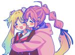  2girls :d ^_^ ahoge anyoji_hime black_ribbon blonde_hair blush brown_dress closed_eyes closed_mouth commentary_request dress flower gradient_hair hair_flower hair_ornament hair_ribbon hasu_no_sora_school_uniform highres hood hood_down hooded_jacket hug hug_from_behind jacket kabotd long_sleeves love_live! love_live!_hasu_no_sora_jogakuin_school_idol_club mira-cra_park! multi-tied_hair multicolored_hair multiple_girls neckerchief open_mouth osawa_rurino pink_flower pink_hair pink_jacket ponytail red_neckerchief ribbon sailor_collar sailor_dress school_uniform simple_background smile teeth thai_commentary twintails upper_body upper_teeth_only virtual_youtuber white_background white_sailor_collar winter_uniform yuri 