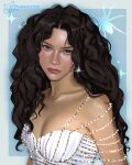  1girl blush brown_eyes brown_hair bug closed_mouth commentary dress earrings highres jewelry long_hair looking_at_viewer pink_lips real_life solo spider tubbiezzzz twitter_username upper_body white_dress zendaya 