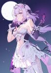  1girl bare_shoulders blush bow breasts bug butterfly castorice_(honkai:_star_rail) closed_mouth commentary_request elbow_gloves flower full_moon gloves hair_between_eyes hair_flower hair_ornament highres honkai:_star_rail honkai_(series) long_hair looking_at_viewer looking_up medium_breasts moon pointy_ears purple_butterfly purple_eyes purple_flower purple_gloves purple_hair shizukodesu smile solo white_bow 