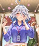  3girls ahoge alternate_costume blue_hair blush breasts chopsticks clorinde_(genshin_impact) collared_shirt colored_inner_hair commentary_request contemporary cropped dumpling eating fingernails food foodgasm furina_(genshin_impact) genshin_impact grey_hair hair_between_eyes hair_intakes hand_on_own_face happy_aura highres holding holding_chopsticks holding_with_chopsticks id_card indoors jiaozi lanyard medium_breasts multicolored_hair multiple_girls navia_(genshin_impact) no-ba noodles office_lady out_of_frame purple_shirt ramen shirt smile solo_focus tears 