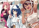  3girls absurdres arm_up armpits bandages bare_shoulders bat_wings black_gloves blue_eyes blue_hair breasts brown_hair cleavage cleavage_cutout clothing_cutout collarbone dark-skinned_female dark_skin demon_tail dress fake_head_wings fake_tail flower ghost_costume gloves hair_flower hair_intakes hair_ornament halloween_costume hand_up hands_up head_wings heart_cutout highres himemiya_karen hitodama imigimuru indoors japanese_clothes kimono large_breasts leaning_forward looking_at_viewer make_heroine_ga_oo_sugiru! medium_breasts medium_hair mouth_hold multiple_girls mummy_costume navel novel_illustration official_art open_mouth pink_eyes pink_hair purple_eyes right-over-left_kimono round_teeth shiroshouzoku short_hair smile tail tan tanlines teeth textless_version triangular_headpiece two-tone_dress upper_body upper_teeth_only white_kimono wide_sleeves window wings yakishio_lemon yanami_anna 