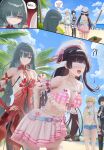  !? 4girls absurdres alt_text beach bikini bikini_skirt black_hair blindfold blue_sky blush breasts chisa_(peach_parfait)_(wuthering_waves) chisa_(wuthering_waves) closed_mouth commentary_request day dress earrings female_rover_(wuthering_waves) food fruit giving_wedgie grey_hair hair_ribbon halter_dress halterneck hand_on_own_hip hat highres holding jewelry korean_commentary large_breasts long_hair low_twintails lynae_(peppermint)_(wuthering_waves) lynae_(wuthering_waves) multiple_girls navel ocean official_alternate_costume open_mouth outdoors phrolova_(wuthering_waves) pink_bikini pink_ribbon plaid_bikini plaid_clothes red_dress revision ribbon rover_(wuthering_waves) shore skirt sky soul_(smfa2555) stomach suikawari swimsuit tacet_mark_(wuthering_waves) twintails watermelon wedgie white_hat wuthering_waves 