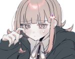  1girl black_jacket blush brown_hair commentary_request danganronpa_(series) danganronpa_2:_goodbye_despair dress_shirt frown grey_background highres jacket long_sleeves medium_hair nanami_chiaki neck_ribbon nelt open_clothes open_jacket pink_eyes pink_ribbon portrait ribbon shirt simple_background solo tearing_up two-tone_shirt white_shirt 