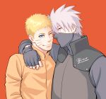  2boys arm_around_neck black_eyes black_gloves blue_eyes boruto:_naruto_next_generations boruto_(series) commentary_request facial_mark fingerless_gloves flak_jacket gloves grey_hair hatake_kakashi jacket makio1313 male_focus mask mouth_mask multiple_boys naruto_(series) one_eye_closed orange_jacket red_background scar scar_across_eye scar_on_face signature uzumaki_naruto whisker_markings 