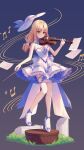  1girl absurdres alternate_costume back_bow blonde_hair bow bow_(music) breasts chinese_commentary cleavage closed_mouth commentary_request dress frilled_dress frills full_body hat hat_ribbon high_heels highres holding holding_bow_(music) holding_instrument holding_violin instrument large_breasts long_hair louise_(touhou) mechrailgun musical_note pages pantyhose purple_bow purple_dress purple_ribbon purple_shoes ribbon shoes smile solo thighhighs touhou touhou_(pc-98) two-tone_dress violin white_bow white_dress white_hat white_pantyhose white_thighhighs yellow_eyes 