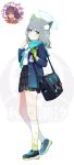  1girl absurdres abydos_high_school_logo animal_ear_fluff animal_ears aqua_necktie aqua_scarf bag black_shoes black_skirt blue_archive blue_eyes blue_halo blue_jacket blush breast_pocket commentary_request cross cross_hair_ornament from_side full_body gloves green_gloves grey_hair hair_between_eyes hair_ornament halo highres id_card inverted_cross jacket kneehighs looking_at_viewer miniskirt mismatched_pupils necktie open_clothes open_jacket pleated_skirt pocket scarf school_bag school_uniform shiroko_(blue_archive) shirt shoes shoulder_bag sidelocks simple_background single_glove skirt sneakers socks solo thighs turning_head walking watermark white_background white_shirt white_socks wolf_ears wolf_girl xuezai 