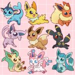  absurdres black_eyes blue_eyes blush brown_eyes colored_sclera eevee english_commentary espeon fang flareon glaceon highres inkie-heart jolteon leafeon no_humans open_mouth pink_background pokemon pokemon_(creature) pokemon_focus purple_eyes red_sclera sitting smile sylveon umbreon vaporeon 