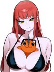  absurdres between_breasts black_bra black_eyes bra breasts chainsaw chainsaw_man dog highres long_hair looking_at_viewer looking_down makima_(chainsaw_man) pochita_(chainsaw_man) red_hair ringed_eyes underwear upper_body yellow_eyes zeon_(zzeeonn) 