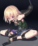  1girl armbinder arms_behind_back ball_gag bang_dream! bang_dream!_it's_mygo!!!!! bdsm black_sandals blonde_hair bound bound_arms bound_legs breasts cellphone commentary_request denim denim_shorts earrings gag gagged harness highres hitachi_magic_wand hoop_earrings jewelry misumi_uika phone purple_eyes ryou@ryou sandals sex_toy short_hair shorts smartphone soles_together solo sports_sandals variant_set vibrator wiffle_gag 