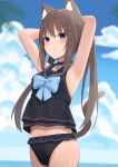  1girl :q absurdres animal_ears bikini black_bikini black_sailor_collar blue_eyes blue_sky blurry blurry_background brown_hair cat_ears cat_girl cat_tail cloud commentary_request day hair_ornament hairclip highres hinata_(hinnyata) long_hair looking_at_viewer ocean original outdoors sailor_collar sky solo swimsuit tail tongue tongue_out twintails 