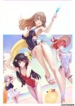  4girls absurdres bare_arms bare_legs bare_shoulders beach bikini black_hair blue_bikini blue_one-piece_swimsuit border bracelet breasts brown_hair cheeta_(girls'_frontline_2) cleavage cloud collarbone covered_navel cup day drink drinking_glass dutch_angle feet flower food full_cleavage girls'_frontline girls'_frontline_2:_exilium groin hair_between_eyes hair_flower hair_ornament hair_ribbon halterneck hand_up hands_up hat hat_ribbon highres holding holding_cup holding_drink holding_food holding_popsicle holding_swim_ring horizon innertube jewelry kevin_tower lainie_(girls'_frontline_2) legs lens_flare long_hair mp7_(girls'_frontline) multicolored_bikini multiple_girls o-ring o-ring_thigh_strap ocean one-piece_swimsuit open_mouth outdoors outside_border parted_lips pleated_skirt plunging_neckline popsicle red_hair red_one-piece_swimsuit red_ribbon ribbon sabrina_(girls'_frontline_2) sakura_(girls'_frontline_2) sand sandals shoes short_hair side-tie_one-piece_swimsuit side-tie_swimsuit skirt sky spas-12_(girls'_frontline) standing stomach straw_hat sun_hat sunlight swim_ring swimsuit thigh_strap thighs toenails toes two-tone_bikini type_100_(girls'_frontline) ump40_(girls'_frontline) walking white_bikini white_border white_flower white_hair white_one-piece_swimsuit white_skirt wide_brim wine_glass 