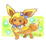  black_eyes border bow bright_pupils capelet closed_mouth commentary_request cosplay eevee full_body greenaokimi hood hooded_capelet jolteon jolteon_(cosplay) no_humans painting_(medium) pokemon pokemon_(creature) polka_dot polka_dot_bow signature solo traditional_media watercolor_(medium) white_border white_pupils 
