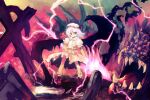  bat_wings cross dress hat lightning mob_cap monster pink_dress pink_hair red_eyes red_shoes remilia_scarlet ribbon shoes spear_the_gungnir tokiame touhou vampire wings 