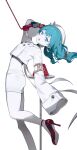  1girl absurdres antique_phone aqua_eyes aqua_hair black_gloves colored_skin commentary corded_phone gingi_2 gloves hat hat_ornament hatsune_miku high_heels highres low_twintails miniskirt open_mouth phone red_shoes shoes short_twintails simple_background skirt sleeve_cuffs sleeves_past_wrists solid_circle_pupils solo twintails vocaloid white_background white_hat white_skin white_skirt wonder_(vocaloid) 