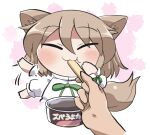  1girl 1other :3 :t animal_ear_fluff animal_ears blush brown_hair chibi chibi_only closed_eyes closed_mouth commentary_request feeding food fox_ears fox_girl fox_tail green_ribbon hair_between_eyes holding holding_food kudamaki_tsukasa neck_ribbon outline pink_background ribbon rokugou_daisuke romper short_hair short_sleeves signature sleeve_ribbon solo_focus tail touhou white_outline white_romper 