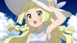  1girl :d armpits blonde_hair blush braid cloud collarbone commentary day eyelashes green_eyes happy hat lillie_(pokemon) long_hair open_mouth outdoors pokemon pokemon_sun_and_moon sky sleeveless smile solo sun_hat upper_body white_hat yotsuba_ichinose 
