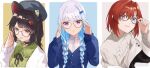  3girls adjusting_eyewear alternate_costume ange_katrina animal_ears aran_sweater beret black_choker blue_cardigan blue_eyes blue_hair braid brown_hair cable_knit cardigan choker closed_mouth collar collared_shirt colored_inner_hair commentary_request crossed_bangs dog_ears dot_nose frilled_shirt frills glasses green_shirt grey_hat grey_sweater grin hair_between_eyes hair_intakes hair_ornament hairclip hand_up hands_up hat heterochromia inui_toko inui_toko_(fall_casual) lize_helesta long_hair long_sleeves looking_at_viewer low_twin_braids medium_hair multicolored_hair multiple_girls nijisanji off_shoulder one_ear_down open_cardigan open_clothes open_mouth pendant_choker purple_eyes red_eyes red_hair round_eyewear sanbaka_(nijisanji) sazao2130 shirt simple_background sleeves_past_wrists smile streaked_hair sweater twin_braids two-tone_hair virtual_youtuber white_cardigan white_hair white_shirt yellow-framed_eyewear yellow_eyes 