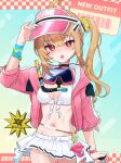  1girl absurdres adjusting_clothes adjusting_headwear ahoge barcode bikini bikini_skirt black_choker blonde_hair blue_background breasts choker commentary_request cowboy_shot crossed_bangs diving_mask_around_neck furumachi_(_trisannkaku) gradient_background hair_between_eyes highres jacket long_hair looking_at_viewer luciana_de_montefio luciana_de_montefio_(princess_on_holiday) navel official_alternate_costume open_mouth pink_jacket pink_visor_cap red_eyes side_ponytail skirt small_breasts solo sparkling_eyes swimsuit visor_cap white_bikini white_skirt zenless_zone_zero 