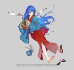  1girl bath_yukata battle_damage blue_eyes blue_hair blue_robe blush breasts bucket caeda_(cleansed_princess)_(fire_emblem) caeda_(fire_emblem) commentary_request fire_emblem fire_emblem:_mystery_of_the_emblem fire_emblem_heroes full_body hair_bun holding ichikawa_haru japanese_clothes kimono long_hair long_sleeves official_alternate_costume official_alternate_hairstyle official_art one_eye_closed open_mouth red_kimono robe sandals sidelocks simple_background solo torn_clothes towel towel_around_neck wide_sleeves wooden_bucket yukata 
