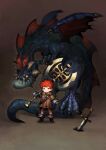  1boy arm_at_side armored_boots axe battle_axe belt black_shorts boots brown_background brown_belt brown_boots brown_jacket closed_mouth commentary_request deformed double-sided_axe dragon dragon_wings fantasy flying full_body gauntlets highres holding holding_axe hood hood_down hooded_jacket hoodie horns jacket jun_(navigavi) looking_at_viewer male_focus original over_shoulder planted planted_sword red_hair short_hair short_sleeves shorts slit_pupils solo standing sword weapon weapon_over_shoulder wings yellow_eyes 