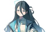  1girl 767014338 absurdres aris_(blue_archive) black_hair black_hairband blue_archive blue_eyes blue_halo blue_jacket blue_necktie blue_pupils chinese_commentary closed_mouth collared_shirt commentary_request dot_nose double-parted_bangs hair_between_eyes hairband halo highres jacket light_blush long_hair long_hair_between_eyes looking_at_viewer loosely_tucked_bangs necktie one_side_up open_clothes open_jacket partial_commentary rectangular_halo ringed_eyes shirt simple_background smile solo split_mouth two-sided_fabric two-sided_jacket upper_body white_background white_jacket white_shirt 