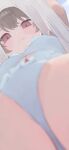  1girl bikini blue_bikini blue_sky blurry blurry_foreground breasts brown_hair close-up closed_mouth clothes_lift cloud commentary day from_below highres hiroki_(yyqw7151) lifting_own_clothes looking_at_viewer looking_down medium_breasts original outdoors red_eyes shirt shirt_lift sky solo swimsuit underboob upshirt white_shirt 