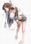  1girl alternate_costume artist_logo breasts brown_hair commentary_request full_body grey_shorts hair_ribbon hand_on_own_hip hiyou_(kancolle) kantai_collection logo long_hair looking_at_viewer medium_breasts midriff red_eyes ribbon sandals shikigami shirt shorts simple_background solo t-shirt tied_shirt watermark white_background white_shirt wss_(nicoseiga19993411) 