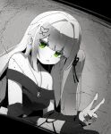 1girl :p arm_warmers bare_shoulders blunt_bangs breasts butterfly_hair_ornament cleavage commentary detached_sleeves dutch_angle green_eyes greyscale hair_intakes hair_ornament hair_ribbon highres isegye_idol jewelry korean_commentary long_hair looking_at_viewer medium_breasts monochrome necklace off-shoulder_shirt off_shoulder ohun one_side_up ribbon shirt sidelocks sitting solo spot_color thighhighs tongue tongue_out v viichan viichan_(newnewviichan) virtual_youtuber waktaverse 