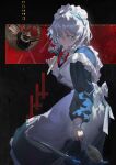  1girl absurdres apron back_bow blue_dress blue_eyes bow braid chinese_commentary closed_mouth commentary dress green_bow grey_hair hair_bow highres holding holding_knife izayoi_sakuya knife long_hair long_sleeves looking_at_viewer maid maid_headdress roman_numeral solo touhou twin_braids untranslatable_commentary verniy_(tony52911856) white_apron white_bow 