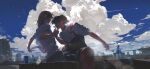  1boy 1girl aircraft airplane bag barbed_wire bird black_eyes black_hair black_pants black_skirt blue_sky bpxe7k7k building cityscape cloud cloudy_sky commentary_request food hetero highres holding holding_food holding_hands holding_popsicle looking_at_another medium_hair outdoors pants pepsi plastic_bottle pleated_skirt ponytail popsicle rooftop school_bag school_uniform shade shirt sitting skirt sky white_shirt 