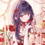  1girl arm_garter bandage_on_finger bandaid bare_shoulders black_hair blunt_bangs blurry breasts cake cake_slice cake_stand candle cherry chocolate_cake cleavage closed_mouth commentary_request curtains depth_of_field dress elbows_on_table flower food food_bite frilled_dress frilled_garter frills fruit fruit_tart gelatin gradient_eyes hair_ribbon hands_up heart heart-shaped_bandaid highres holding holding_flower indoors lace_wrist_cuffs light_blush light_smile long_hair long_ribbon long_sidelocks looking_at_viewer macaron multicolored_eyes nail_polish neck_ribbon orange_eyes original purple_eyes raised_eyebrows red_nails red_ribbon ribbon sidelocks solo straight_hair strawberry table tart_(food) tongue tongue_out whipped_cream white_arm_garter white_dress yugaa 