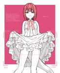  1girl bare_shoulders closed_mouth clothes_lift dotitao dress dress_lift green_eyes highres indie_virtual_youtuber light_smile looking_at_viewer red_background scales short_hair sleeveless sleeveless_dress slit_pupils snake_girl snake_tail solo tail virtual_youtuber white_dress ytaoh 