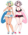  1girl alternate_color bikini bikini_skirt blonde_hair blue_eyes bow breasts cleavage dual_persona grey_hair hair_bow large_breasts lolita_fashion moimoi_(pop&#039;n_music) moimoi_(pop'n_music) navel pink_eyes player_2 pop&#039;n_music pop'n_music sandals short_hair simple_background smile standing swimsuit thighhighs umi_no_tarako underwear white_background 