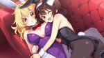  2girls :d ;d alternate_costume animal_ear_hairband animal_ears ass blonde_hair blush bow bowtie breasts breasts_apart brown_eyes brown_hair brown_pantyhose commentary_request couch covered_navel detached_collar fake_animal_ears grey_pantyhose hair_between_eyes hairband hug keyaki_chimaki large_breasts leotard looking_at_viewer maribel_hearn multiple_girls on_couch one_eye_closed open_mouth pantyhose playboy_bunny plunging_neckline rabbit_ear_hairband rabbit_ears rabbit_tail red_bow red_bowtie smile strapless strapless_leotard tail touhou usami_renko white_hairband white_wrist_cuffs wrist_cuffs yellow_eyes yuri 