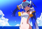  1girl bikini blue_eyes blue_helmet borrowed_clothes breasts commentary_request cowboy_shot fairy_leviathan_(mega_man) forehead_jewel helmet kaidou_zx mega_man_(series) mega_man_x_(series) mega_man_x_dive mega_man_zero_(series) ocean small_breasts solo swimsuit white_bikini 