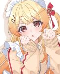  1girl absurdres alternate_costume blonde_hair blush clenched_hand commentary hair_ornament hair_ribbon highres hololive hololive_dev_is jacket jersey_maid krn838 long_hair long_sleeves looking_at_viewer maid one_side_up open_mouth otonose_kanade red_eyes red_ribbon ribbon shadow solo track_jacket unconventional_maid untranslatable_commentary virtual_youtuber white_headdress x_hair_ornament yellow_jacket zipper_pull_tab 