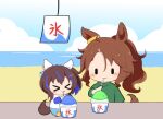  >_< 2girls :3 animal_ears beach blue_pants blue_sky blue_sleeves blue_streaks blush brown_hair chibi chibi_only closed_eyes closed_mouth cloud commentary_request daitaku_helios_(umamusume) day ear_covers eating food full_body gomashio_(goma_feet) green_shirt hair_ornament hairclip holding holding_spoon horse_ears horse_girl horse_tail kooribata long_hair long_sleeves mejiro_palmer_(umamusume) multicolored_hair multiple_girls outdoors pants sand shaved_ice shirt short_hair single_hair_streak sitting sky smile socks spoon streaked_hair tail umamusume utensil_in_mouth white_shirt white_streaks x3 yellow_socks 