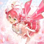  1girl :d ahoge album_cover beret breasts center_frills cherry_blossoms choker commentary_request copyright_notice cover double_bun falling_petals flower frilled_skirt frilled_wrist_cuffs frills gold_trim green_eyes hair_bun hair_flower hair_ornament hairclip hat hololive layered_skirt medium_breasts mini_hat mochipuyo_(canvas_mochi) nobusawa_osamu official_alternate_costume official_alternate_hairstyle official_art open_mouth outstretched_arms petals pink_hair pink_skirt reaching reaching_towards_viewer red_choker sakura_miko shirt skirt smile solo swept_bangs tilted_headwear virtual_youtuber white_hat white_shirt wrist_cuffs 