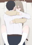  1boy 1girl absurdres akane_(blue_archive) akane_(school_uniform)_(blue_archive) black_hair black_pants blue_archive brown_cardigan brown_eyes brown_hair brown_halo cardigan commentary_request glasses grin halo highres hug kneehighs long_hair looking_at_another makkura! missionary official_alternate_costume on_bed pants sensei_(blue_archive) shirt short_hair sleeves_past_wrists smile socks white_shirt white_socks 