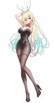  1girl absurdres aizawa_ema animal_ears aqua_hair arm_behind_head arm_up armpits bare_shoulders black_leotard black_shoes blonde_hair blue_eyes bow bowtie breasts brown_pantyhose cleavage closed_mouth covered_navel detached_collar earrings fake_animal_ears full_body gradient_hair hair_ornament hairclip high_heels highres jewelry large_breasts leotard long_hair looking_at_viewer multicolored_hair nail_polish official_alternate_costume orange_nails pantyhose playboy_bunny rabbit_ears red_bow red_bowtie sasamisable shoes simple_background smile solo standing striped_clothes thighband_pantyhose traditional_bowtie very_long_hair virtual_youtuber vspo! white_background white_wrist_cuffs wrist_cuffs 