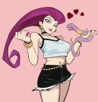  1girl absurdres alternate_costume black_choker black_nails black_shorts blue_eyes breasts choker crop_top cutoffs ekans heart highres jessie_(pokemon) jewelry long_hair looking_at_viewer midriff navel pink_background poke_ball pokemon pokemon_(anime) purple_hair ring sailen0 short_shorts shorts simple_background tank_top white_tank_top 