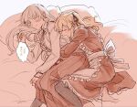  2girls apron black_dress black_ribbon blonde_hair blue_eyes blush center_frills chinese_text closed_mouth commentary cuddling dogbrooo dress frills hair_ribbon highres hug hug_from_behind kakegurui long_hair maid maid_apron momobami_ririka multiple_girls pantyhose pillow ribbon saotome_mary sleeping speech_bubble spooning thought_bubble translation_request twintails yuri 