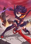  1girl absurdres black_hair black_shrug black_thighhighs breasts clenched_teeth commentary_request dual_wielding dust full_body grey_eyes hair_between_eyes highres holding holding_sword holding_weapon kill_la_kill leaning_forward looking_to_the_side matoi_ryuuko medium_breasts microskirt multicolored_hair navel nose open_mouth outdoors pleated_skirt red_sky red_streaks revealing_clothes scissor_blade_(kill_la_kill) senketsu shrug_(clothing) skirt sky smile solo stomach streaked_hair suspenders sword takinomori_momiji teeth thighhighs underboob weapon 