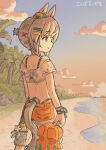  1girl animal_ears aqua_bikini back bare_shoulders beach bikini bikini_under_clothes blue_eyes closed_mouth cloud commentary_request ear_scrunchie green_bikini grey_hair hair_between_eyes hair_ornament highres holding holding_unworn_clothes holding_unworn_shoes horse_ears horse_girl horse_tail koshiba_taiyaki ocean official_alternate_costume orange_shorts outdoors seiun_sky_(nagisa_no_kimagure_orange)_(umamusume) seiun_sky_(umamusume) shirt shoes short_hair shorts sky smile solo sunset swimsuit tail umamusume unworn_shoes water white_shirt 