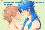  2boys blue_hair blush brown_eyes character_name collarbone commentary_request completely_nude dated dramatical_murder eye_contact face-to-face fingernails from_side hands_on_another's_neck happy_birthday highres kuwa_ayase long_hair looking_at_another male_focus multiple_boys noiz_(dramatical_murder) nude parted_lips seragaki_aoba short_hair simple_background sweat teeth upper_body yaoi 