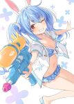  1girl :d animal_ear_fluff animal_ears bikini bikini_skirt blue_bikini blue_hair breasts cleavage commentary extra_ears frilled_bikini frills front-tie_bikini_top front-tie_top grin highres holding holding_water_gun hololive hood hooded_jacket jacket long_hair looking_at_viewer multicolored_hair navel official_artist_extra one_eye_closed open_clothes open_jacket orange_eyes polka_dot polka_dot_bikini rabbit-shaped_pupils rabbit_ears rabbit_girl short-sleeved_jacket short_eyebrows short_sleeves small_breasts smile solo streaked_hair swimsuit symbol-shaped_pupils thick_eyebrows twintails two-tone_hair usada_pekora virtual_youtuber water_gun white_jacket white_streaks yuuki_hagure 