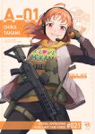  1girl ahoge ammunition_pouch assault_rifle birthday black_pants breasts character_name check_copyright chest_harness commentary_request copyright_request cowboy_shot english_text explosive galil_ace grenade grin gun harness headset highres hiroki_ree holster hood hoodie jacket large_breasts love_live! love_live!_sunshine!! medium_hair multicolored_jacket open_clothes open_jacket orange_background orange_hair pants pouch red_eyes rifle simple_background smile solo takami_chika thigh_holster two-tone_background two-tone_jacket weapon yellow_hoodie 