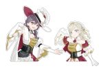  2girls :d a_deru_note absurdres blue_eyes ceras_yanagida_lilienfeld closed_mouth commentary_request detached_sleeves dress edel_note edelinien elbow_gloves feathers frilled_dress frills gloves gold_tiara gradient_feathers grey_hair hair_ribbon hat hat_feather highres inward_v katsuragi_izumi long_hair long_sleeves looking_at_viewer love_live! love_live!_hasu_no_sora_jogakuin_school_idol_club multiple_girls open_mouth orange_eyes red_feathers red_hat ribbon sankakull simple_background sleeves_past_wrists smile strapless strapless_dress two-sided_fabric two-sided_headwear v virtual_youtuber white_background white_dress white_feathers white_gloves white_hat yellow_ribbon 