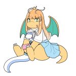  2girls antennae closed_eyes clothes_around_waist collared_shirt dragon dragon_wings dragonair dratini furrification furry gakuen_idolmaster green_eyes grey_hair hatsuboshi_gakuen_school_uniform highres hug idolmaster jacket jacket_around_waist katsuragi_lilja looking_at_viewer multiple_girls nai_chierist orange_hair pink_scrunchie pokefication pokemon pokemon_(creature) pokemon_focus school_uniform scrunchie shirt shiun_sumika simple_background smile tail white_background white_shirt wings 